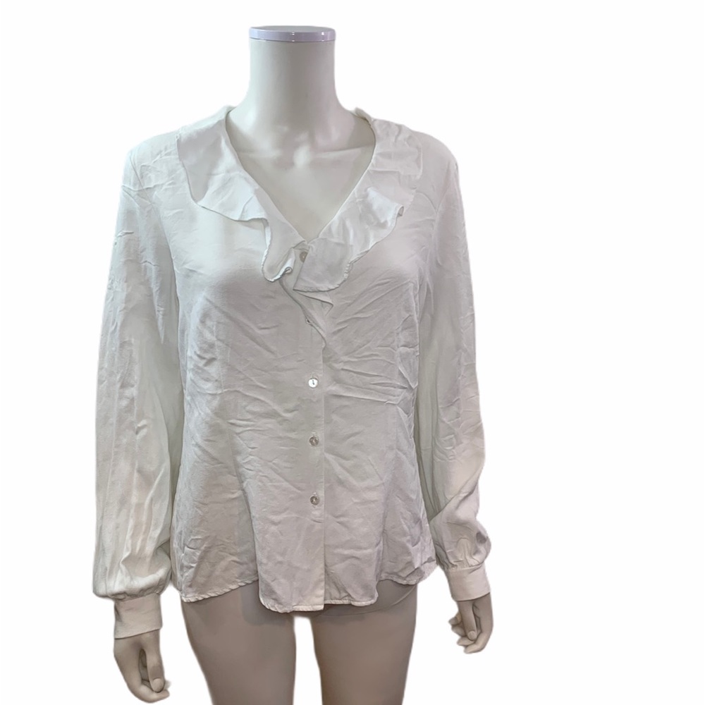 Michele Michelle V Ruffle Neck  White Blouse
